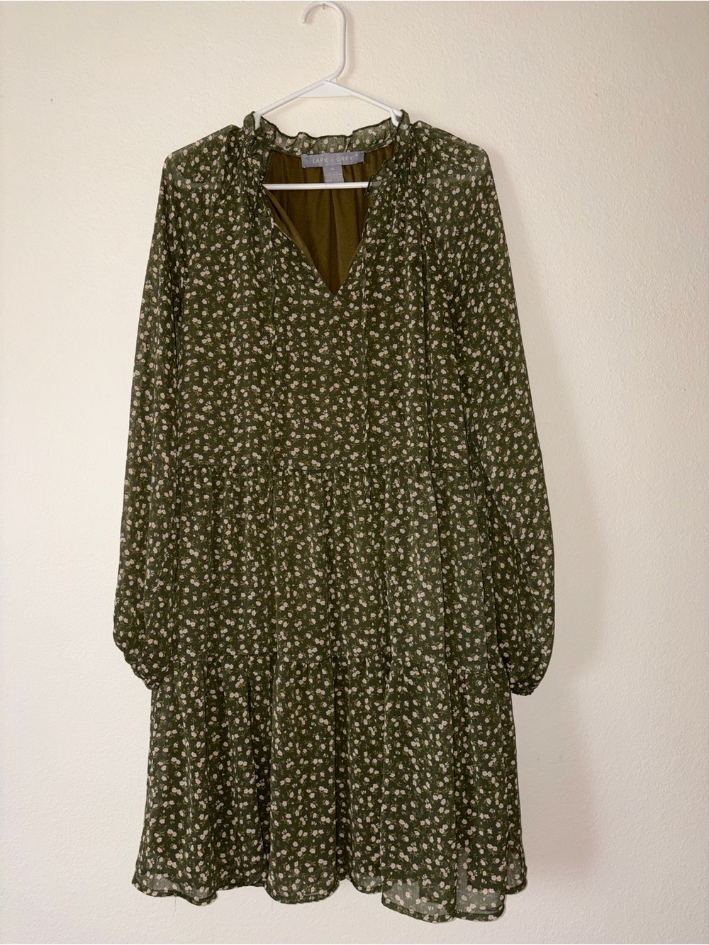 Lark + Grey Olive Floral Long Sleeve Tiered Dress XL